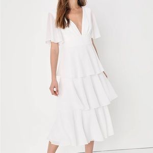 Lulu’s White Ruffle Deep V Dress